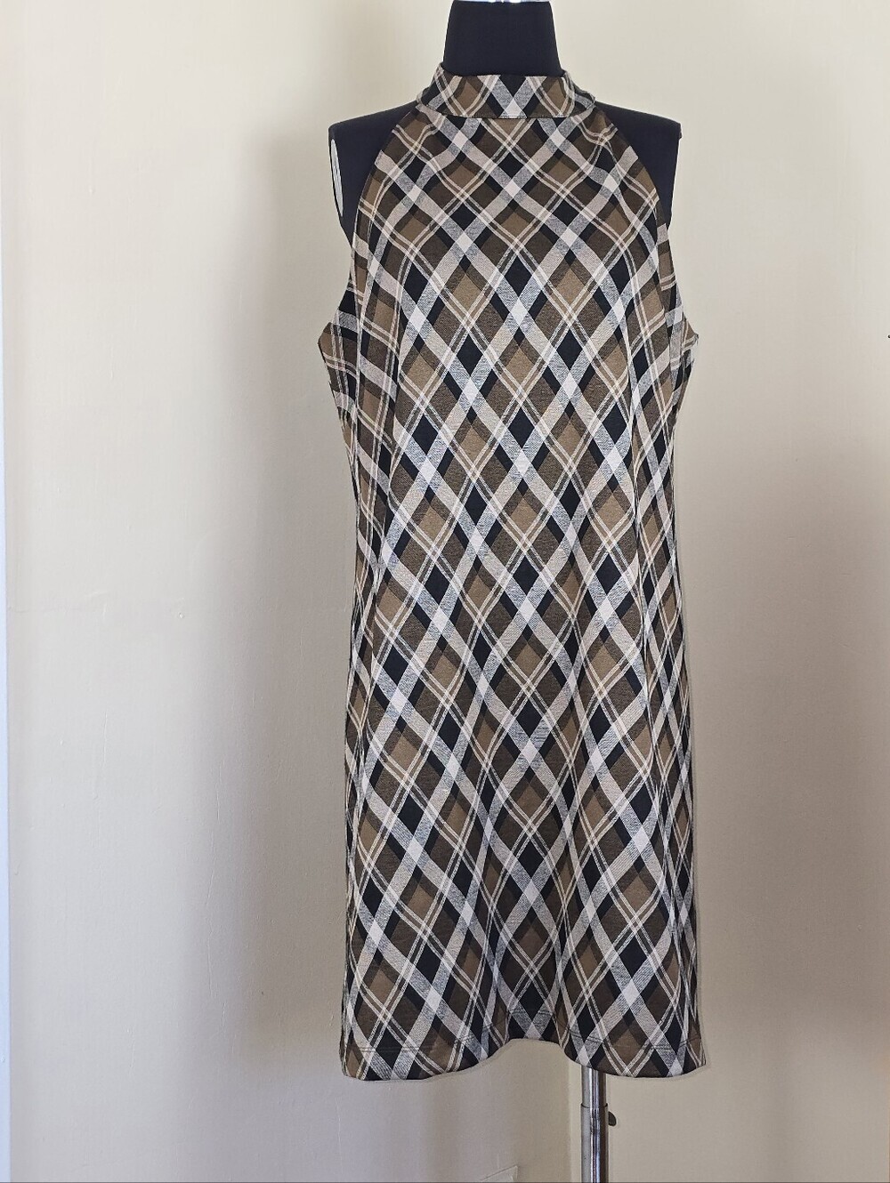 Bar III Brown and Black Plaid Halter Swing Dress L